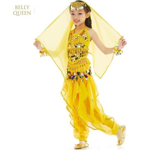 2020 New Belly Dance Children Indian Costume 6Pcs/set (Top+Pant+Belt+ Head chin+Hand chin+Veil) Bollywood Dance Costumes