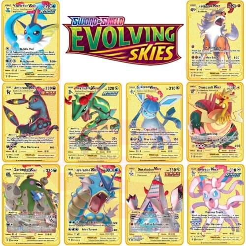 2021 New Style DIY Metal Card 14 Pcs Pokemon Tcg: Sword & Shieldevolving Skies Vamx Eevee Expansion Collection Card Toys Gifts