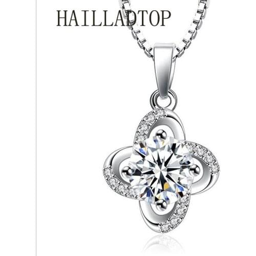 Clear & Purple Centre CZ Stone Clover Necklace Flower Pendant Women Wedding Jewelry Simple Fashion Jewelry Silver Color Necklace