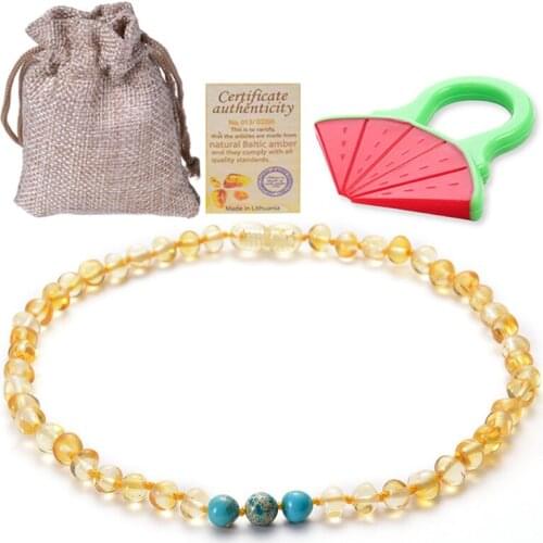 Raw Baltic Ambers Teething Necklaces(Lemon) For Babies (Unisex) Handmade Original Natural Turquoises Ambers Beads Necklace Gift