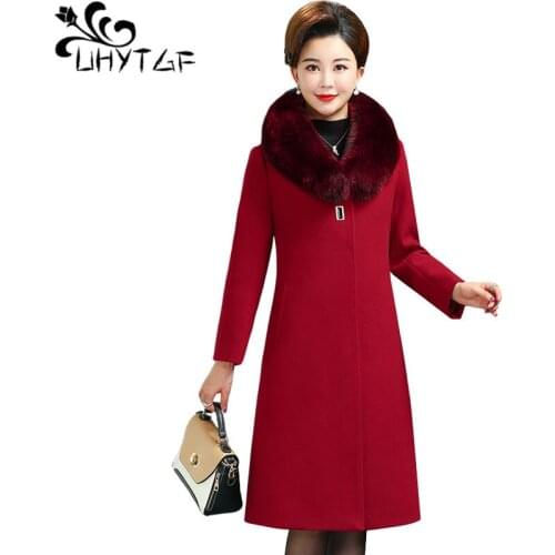 UHYTGF Coat female Thick warm quality winter wool coat fashion fur collar elegant mom long jacket women 5XL plus size jacket 529