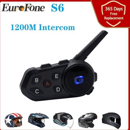 EuroFone S6 Bluetooth Motorcycle Helmet Intercom Headset 6 Riders 1200M Talking FM Radio for Full/Open Face Motorbike Helm