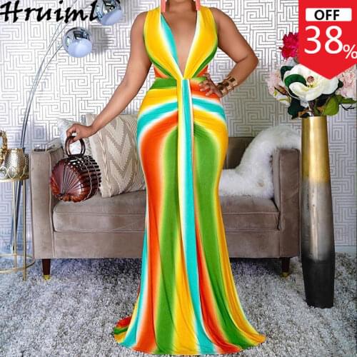 Sleeveless Dress Sexy Fashion Digital Printing Deep V-neck Dress Fashion Colorful Floor-Length Trumpet / Mermaid Party Dress