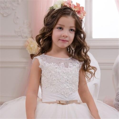 Bowknot First Communion Dress White Flower Girl Dress Kids Pageant Birthday Formal Party Lace Long Dress 2-14Y