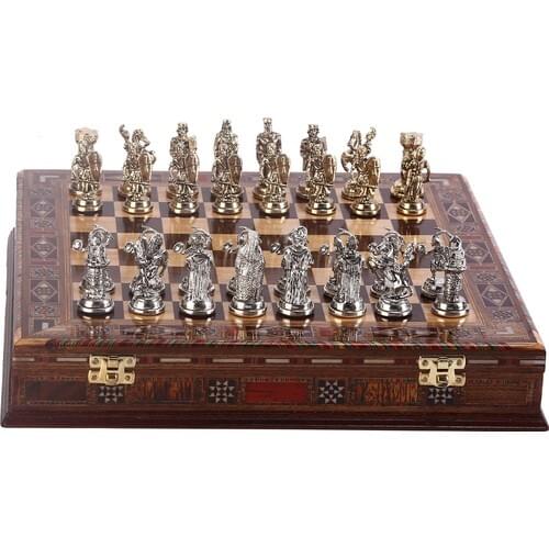 Gift Home Metal Ottoman Byzantine Chess set Medium Size Bright and Hand-Made Solid Wood Crated Chessboard