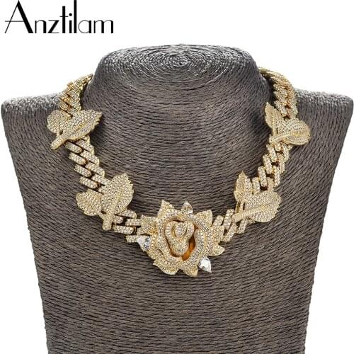 Hip Hop Custom Iced Out Rose Flower Pendants DIY Necklace Paved Cubic Bling Zirconia Goth Punk Necklaces For Women Men Rapper