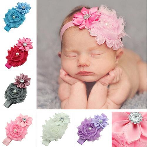 Kids Baby Faux Pearl Rhinestones Stretchy Cloth Ribbon Flower Headband Hair Band