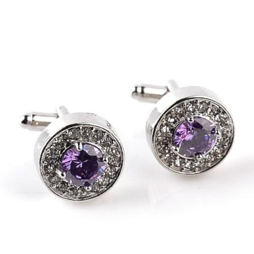 Luxury High-grade jewelry Mens White Purple Enamel Crystal Cufflinks Round Wedding Party Cufflink French shirt Cuff Buttons