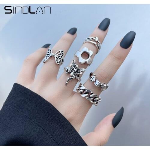 SIndlan 6Pcs Punk Fairy Silver Color Rings for Women Hip Hop Dice Butterfly Stranger Things Set Couple EMO Fashion Jewelry LGBT