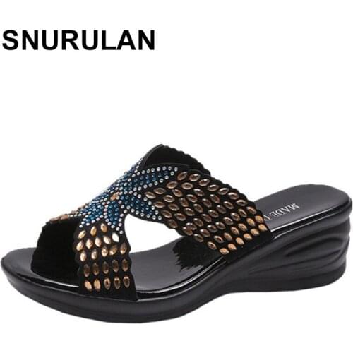 SNURULAN Summer new trend wedge heel rhinestone slippers womens plus size trend temperament thick-soled shoes comfortable