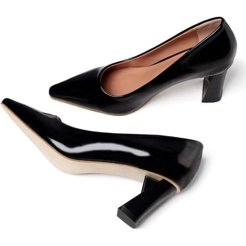 Spring trendy single shoes microfiber slip on shallow leather pumps shoes woman pointed toe thick high heel shoes OL work shoes