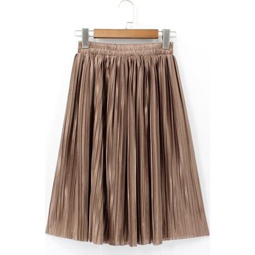 2020 Women Length Metallic Pleated Skirts Sexy Vintage Saia Midi Korean Style High Waist Elastic Plus Size Solid Color Knee
