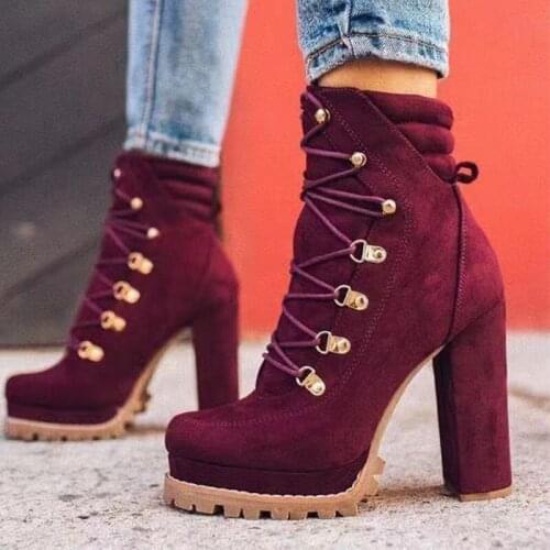 MCCKEL Womens Ankle Boots Flock High Heels Women Boots Lace Up Autumn Shoes Ladies Fashion Rome Booties Female 2021 Plus Size