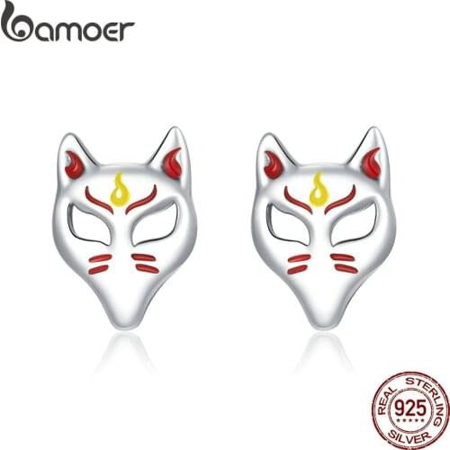 Bamoer Genuine 925 Sterling Silver Fox Mask Light Stud Earrings for Women Fine Jewelry 2020 New Bijoux Women Jewelry SCE958