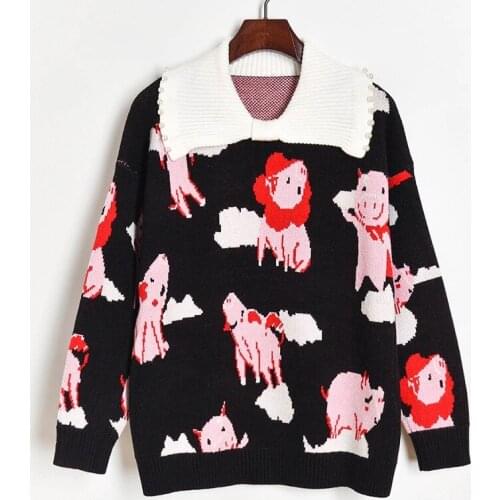 Cartoon Jacquard Knit Sweater Lazy Oaf Pullover 2020 Winter Thick Womens Sweaters Women Pearl Beaded Bow Lapel Loose Sweater