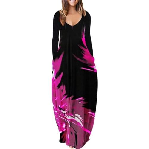 Vintage Women Maxi Dress Boho Flame Print Large Hem Autumn 2021 Casual Loose Long Sleeve V Neck Ladies Long Dress Beachwear