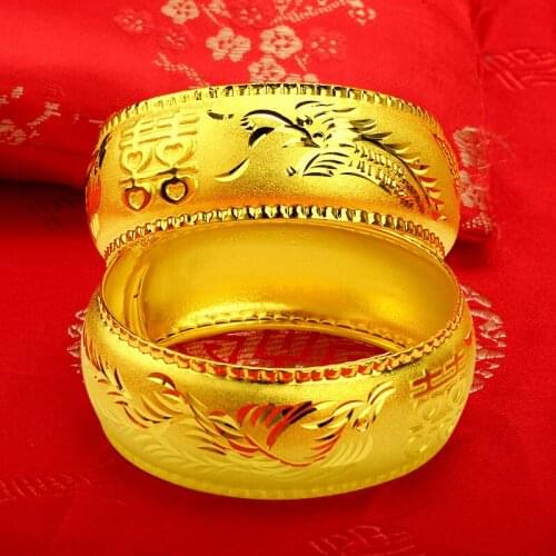 1pc Luxury Dragon & Phoenix Bangle for Women 24K Gold Plated Thick Vintage Carved Female Bridal Wedding Bracelet Jewelry Gift