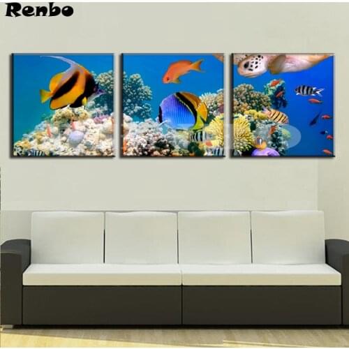 3 PCS DIY Diamond Painting Cross Stitch Crystal Needlework Diamond Embroidery Undersea World Animals Colorful Fishes A80