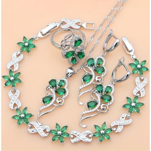 925 Silver Dubai Jewelry Sets Green Zircon Beads Costume For Women Stones Leaves Earrings Rings Necklace Set Dropshipping