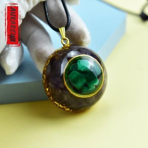 Amethyst And Malachite Crystal Healing Resin Pendant Chakra Yoga Meditation Orgon Spiritual Energy Necklace Wicca Orgonite
