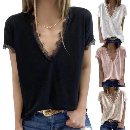 Plus Size Women Fashion Solid Color Short Sleeve Deep V Neck Lace Trim Blouse Top T-shirt 3XL Female Shirt Blusa Summer