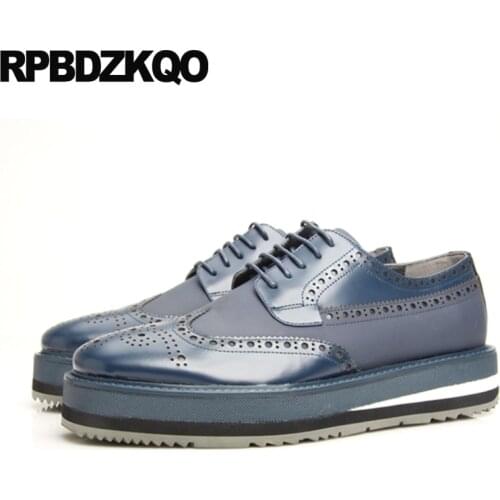Large Size Platform Brogue Creepers High Heel Wedding Square Toe Patchwork New Patent Leather Men Blue Dress Shoes 11 Wingtip