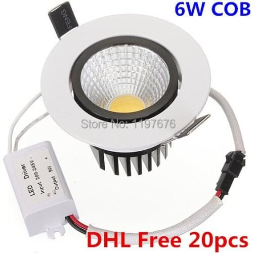 DHL Free Shipping for 20pcs 6W COB LED Downlight Recessed LED Ceiling Spot Down Light with driver 85-265V Warm / Cold White