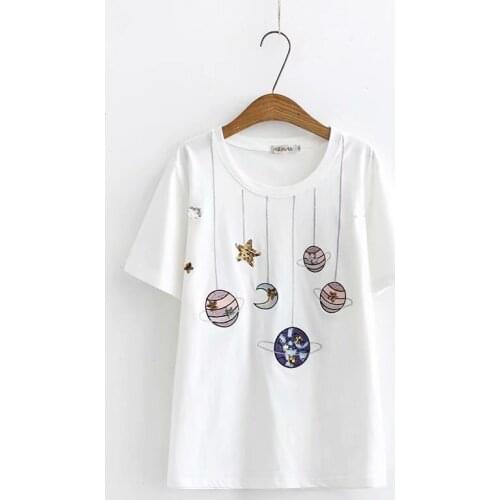 Plus Size White Black T-shirts Casual Short Sleeve Summer Shirts Cute Embroidery Tops
