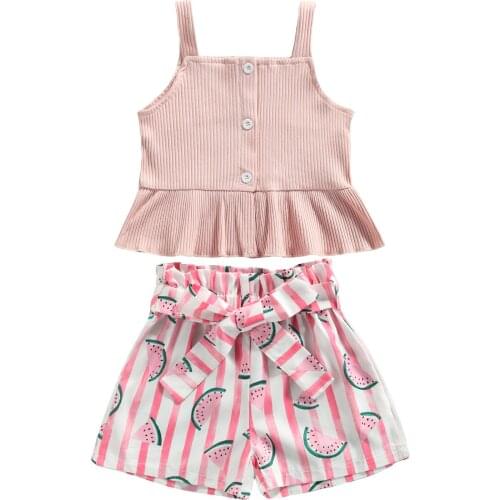 New Baby Girls Clothes Set, Solid Color Sleeveless Square Collar Sling Tops + Watermelon Print Short Pants Set