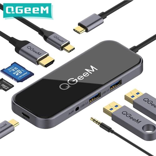 QGeeM 8 Ports USB C Hub for Macbook Pro Air USB Hub 3.0 Adapter TF SD 3.5mm PD Aux HDMI Type C Hub for iPad Pro PC Splitter Dock