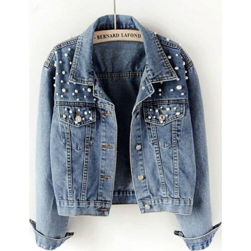 2021 Fashion Womens Denim Jacket Autumn Full Sleeve Loose Clothing Button Pearls Wild Leisure Denim Coat Plus Size New 15457