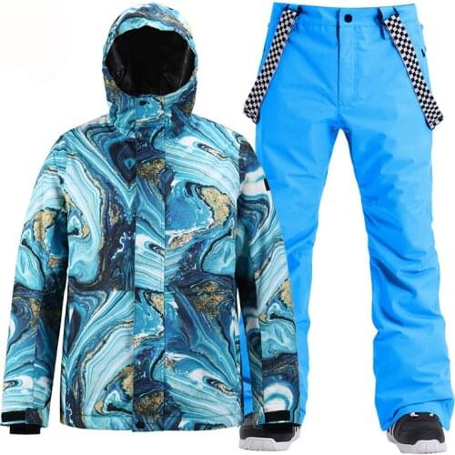 Fashion Brand Mens Snow Suit Wear Outdoor Sports Skiing Costumes Waterproof Snowboard Clothing Sets Jacket + Strap Pant Males