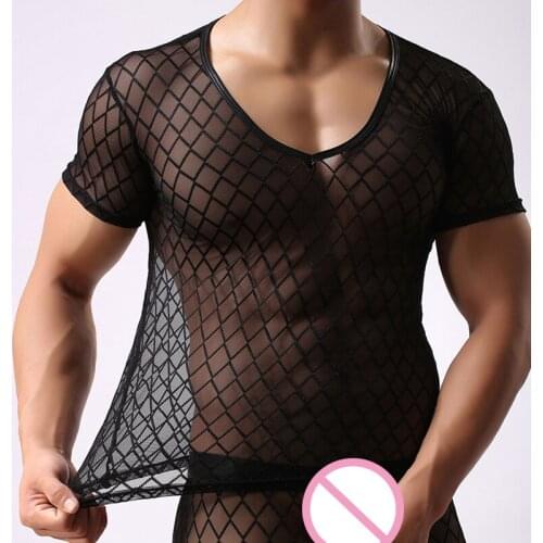 Man Undershirt/Men Sexy Mesh Dance T-Shirts/Male Mesh Transparent O-neck Gay Short Sleeves Slimming Undershirts Inner Tops