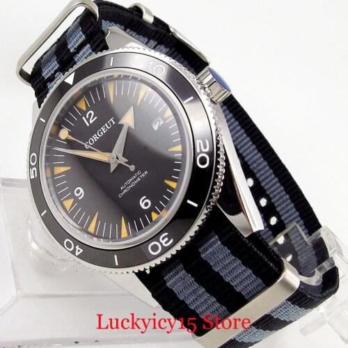 CORGEUT Luxury Sapphire Glass Men Wristwatch Black Dial Date Function 41mm Round Case Nylon Strap ST Movement