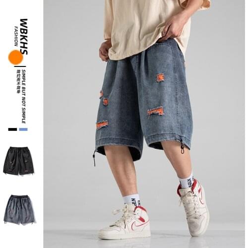 2021 Summer Men Ripped Denim Shorts Casual Drawsting Knee Length Pants