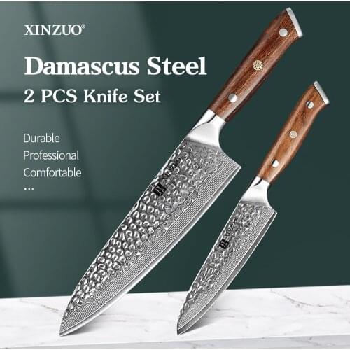 XINZUO 2PCS Knife Set 5"Utility 8.5"Chef Damascus Steel Cleaver Meat Vege Cutting Kitchen Set Cooking Tools Handmade Tools