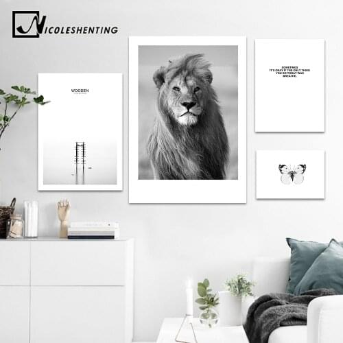 NICOLESHENTING Animal Lion Black White Canvas Poster Nordic Style Sea Forest Landscape Wall Art Print Picture for Living Room