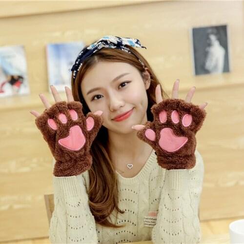 New Winter Womnes Fluffy Bear/Cat Plush Paw/Claw Glove-Novelty soft toweling Women half covered gloves mittens christmas