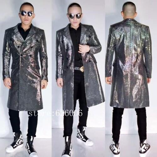 New Fashion Mens Stars Silver Long Suit Jackets costumes Nightclub DJ Male Singer Party show stage performance outwear