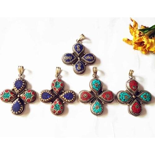 TBP271 Nepal Vintage Clover Pendant Inlay Colorful Stone Flower Tibetan Jewelry