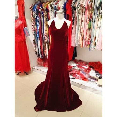 Backless Mermaid Evening Dresses Velvet Long Prom Dresses Halter Beaded Sweep Train Real Pictures L&P DQL Studio