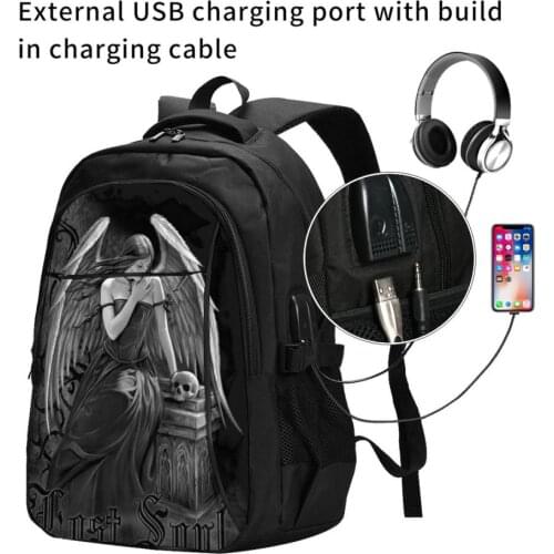 Angel Dark Fantasy Girl Gothic Gravestone Wings USB Interface backpack Cartoon Anime School Bags Boys Rucksack Girls Knapsack Me