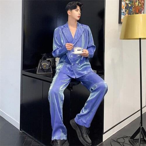 Light discoloration flash blazer men suits polarized double breasted jacket men stage singers clothes star style dress b473