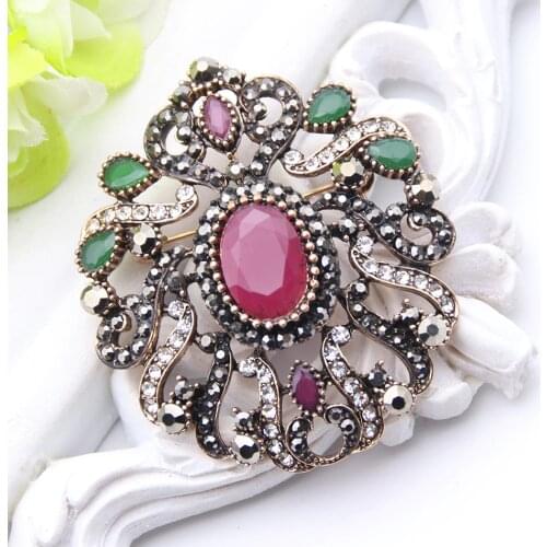 New Arrived Turkish Rhinestone Brooch Women Ethnic Flower Jewelry Antique Gold Color Multicolor Resin Brooches Broches Bijoux