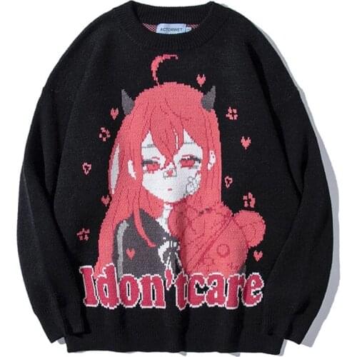 Japanese Style Harajuku Sweater Men Cartoon Dinosaur Pullover Women O Neck Casual Pull Homme Oversized Couple Knitwear Tops