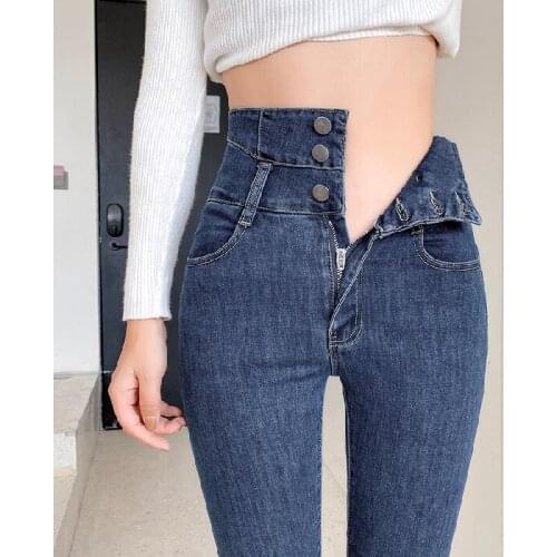 2021 High Waist Women Solid Jeans 3 Buttons Female Pant Slim Elastic Plus Size Mom Stretch Jeans Blue Grey Skinny Pencil Pant