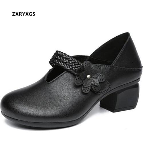 2021 New Fashion Top Cowhide Flowers Temperament Elegant Shoes Women Genuine Leather Shoes Thick With High Heels Trendy Shoes