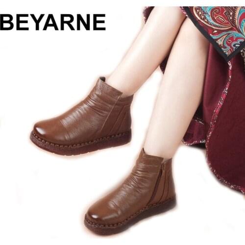 BEYARNE Womens Winter Snow Boots Genuine Leather Vintage Mother Boot Ankle Boots For Women Fur Casual Woman Shoes Non-slip Boot