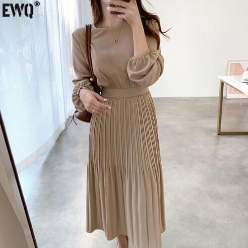 [EWQ] Korea Chic Autumn Casual Trend Women New Solid Color O Neck Belt Fashion Simple Pleated Long-sleeved Dress 2021 16E2125