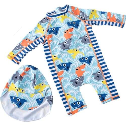 Boy childrens swimsuit baby small medium and large boy swimwear Sea Surfing suit Bady Boys Swimsuit 75cm-135cm Height With Hat